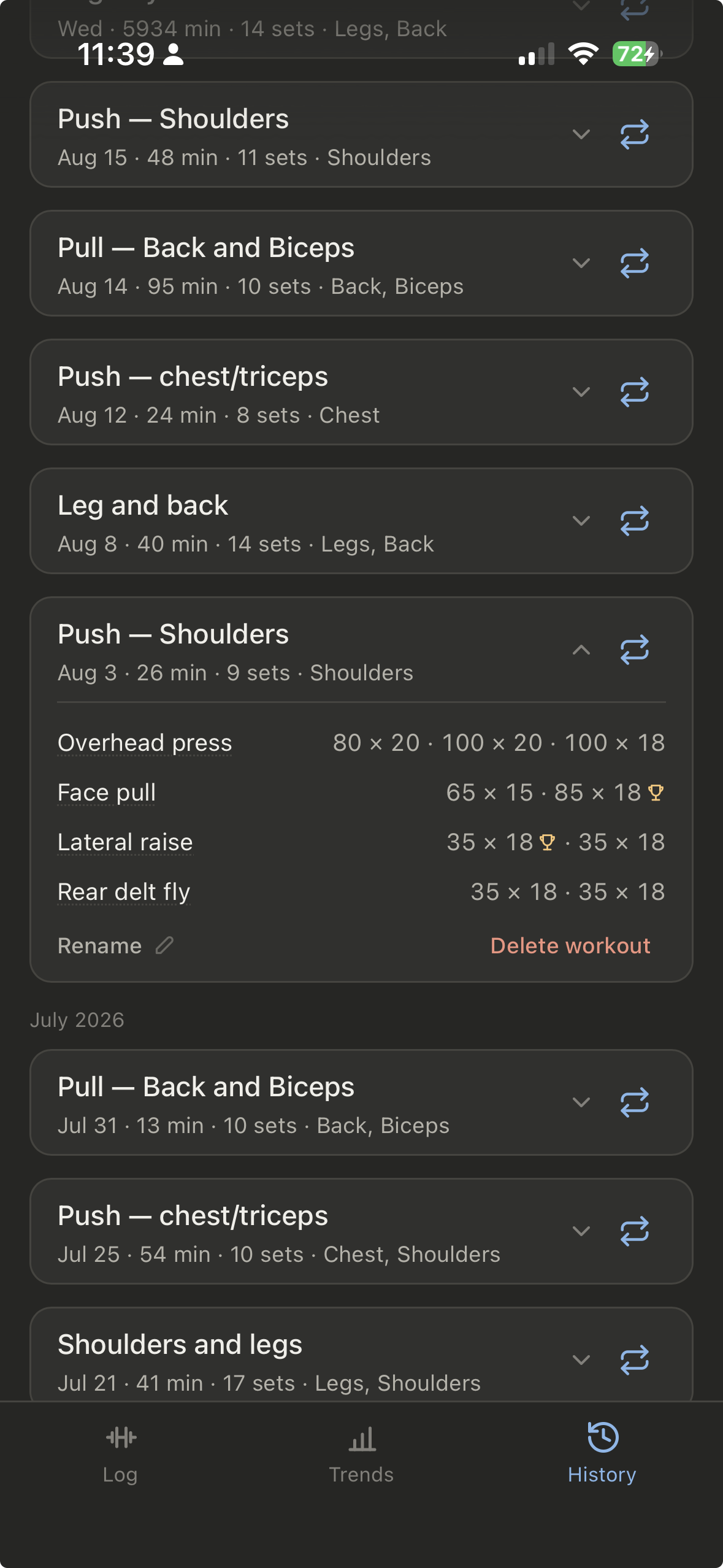 CompoundLift History screen with expanded workouts, set details, and PR trophies